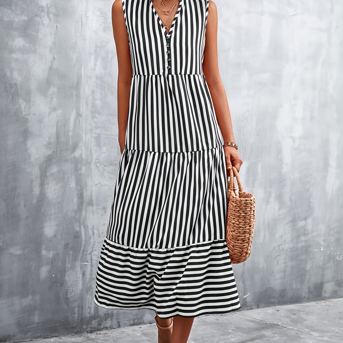 Damen Kleider V-Ausschnitt Gestreift Knopf Elegantes Kleid AE1014