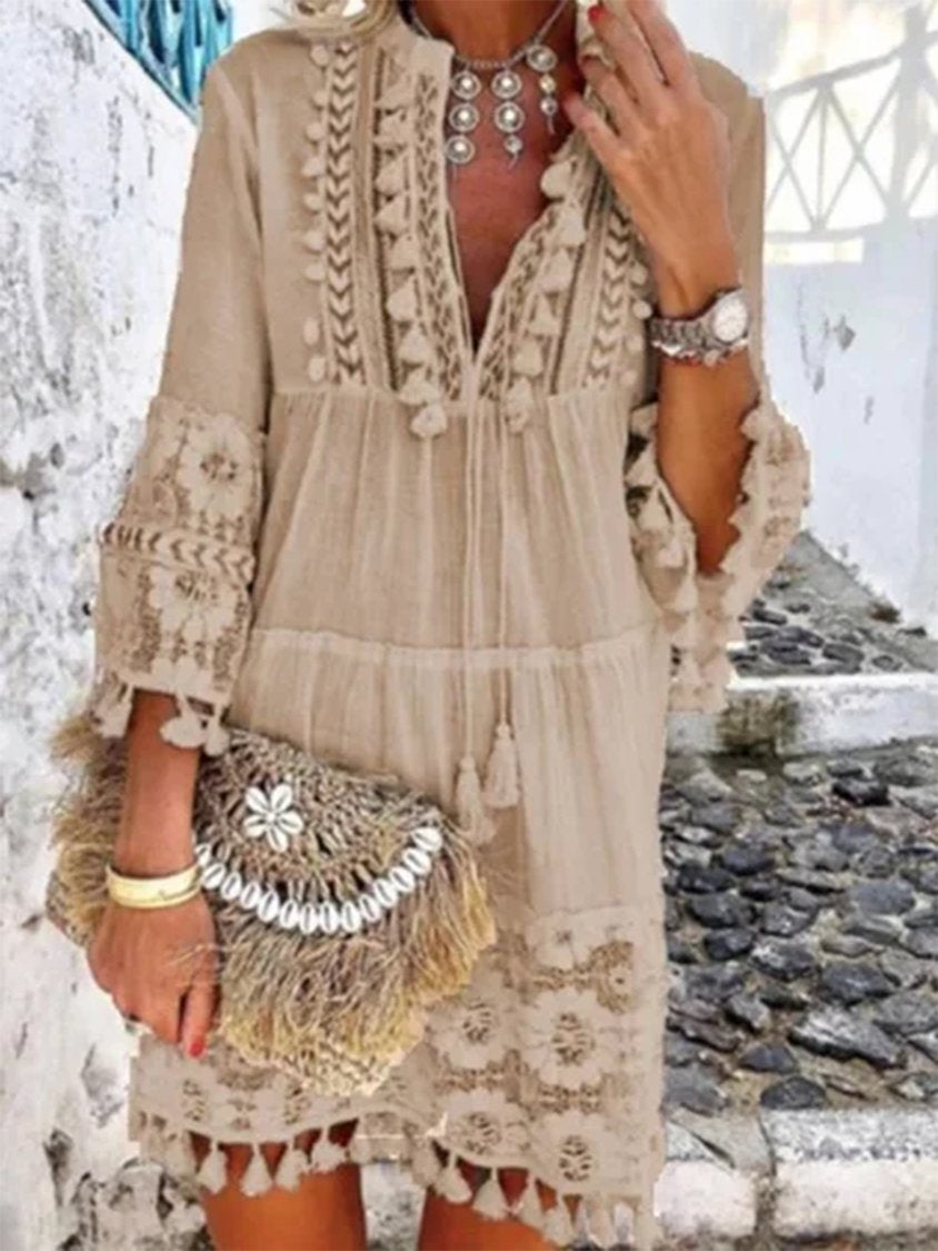 Robe d'été bohème à manches 3/4 et col en V pour femme AD614