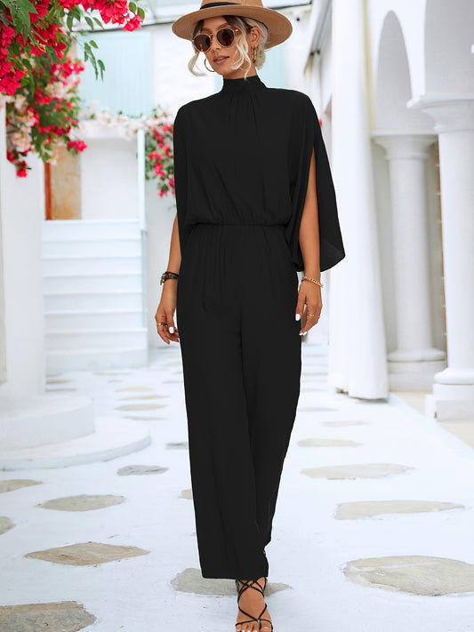 Einfarbiger Jumpsuit mit hohem Kragen und 3/4-Ärmeln, lockerer Jumpsuit, lässiger, stylischer Jumpsuit mit langer Länge und hoher Taille, Damen AE103