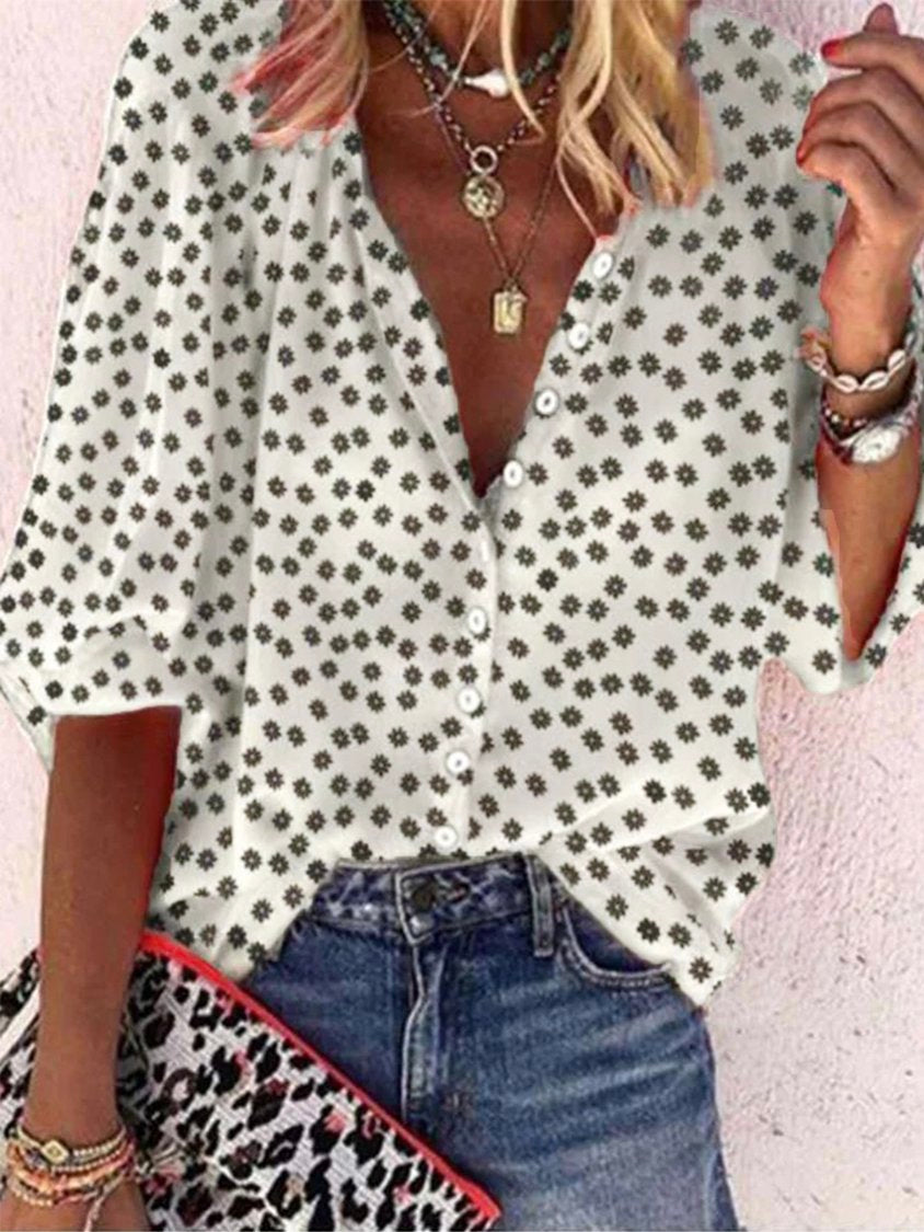 Vintage Half Sleeve Boho Floral Printed St Patricks Day V Neck Casual Top Blouse CZ2