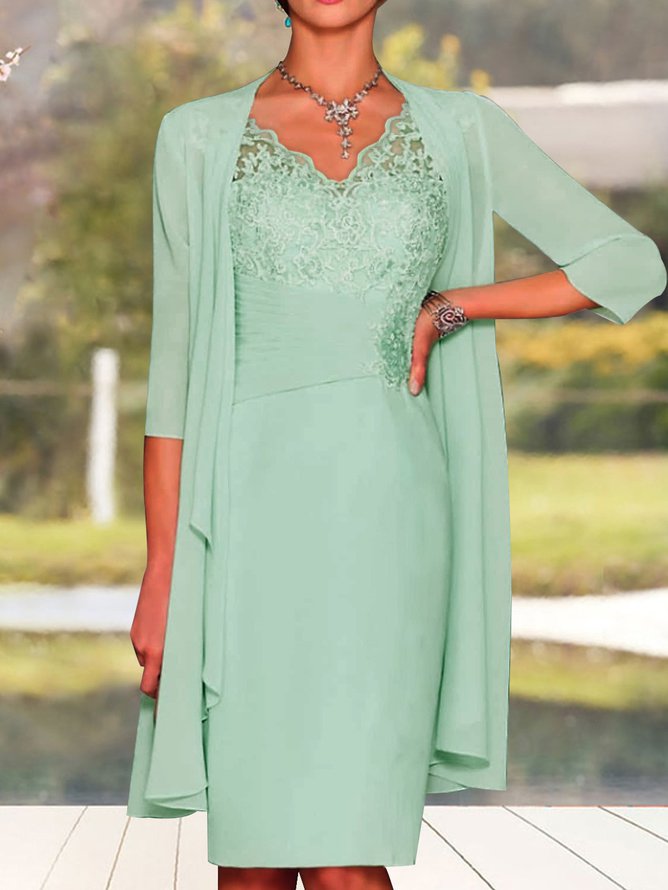 Elegant Plain Lace Stitching Vest Knitted Dress & Cardigan Two-piece Set DK1048