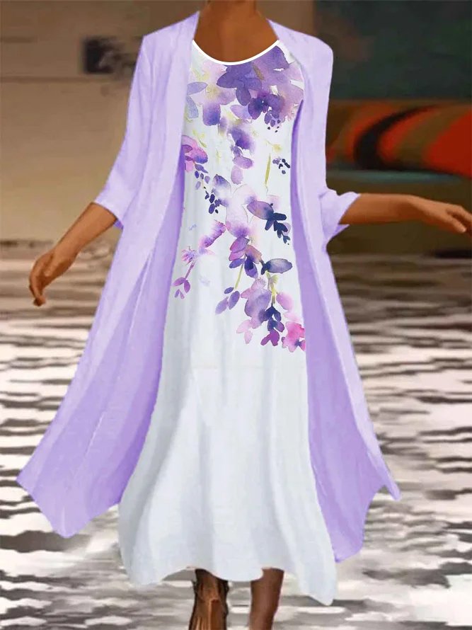 Round Neck Floral Casual Dress & Cardigan AH328