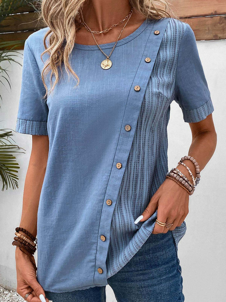 Casual Crew Neck Loose Color Block Shirt QR83