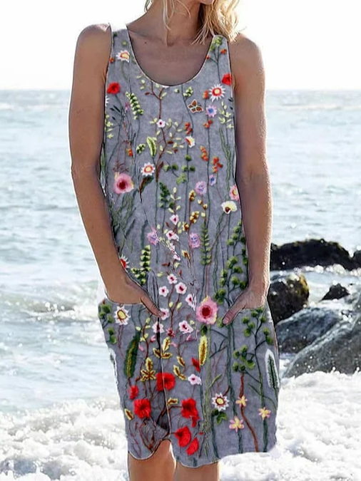Floral Casual Crew Neck Loose Dress With No Belt QV101