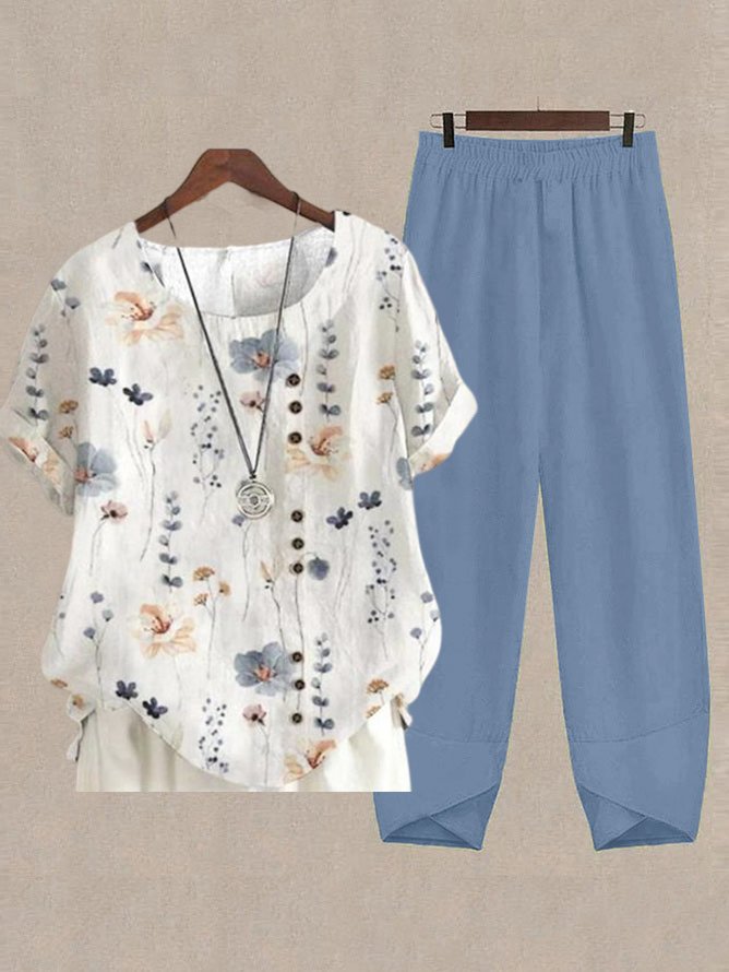 Ensemble deux pièces haut en coton et pantalon en coton décontracté à imprimé floral QF91