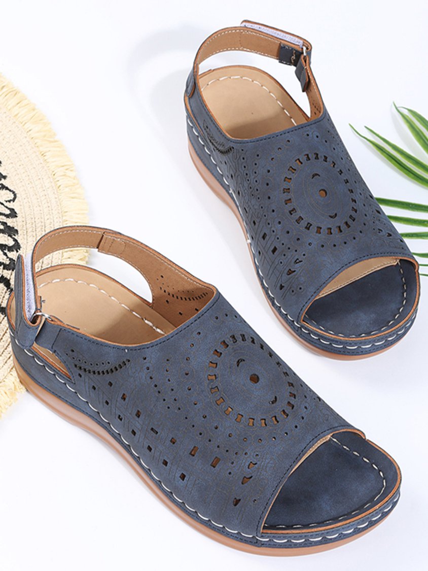 Ethnic Pattern Punched Hollow Velcro Vintage Sandals AH175