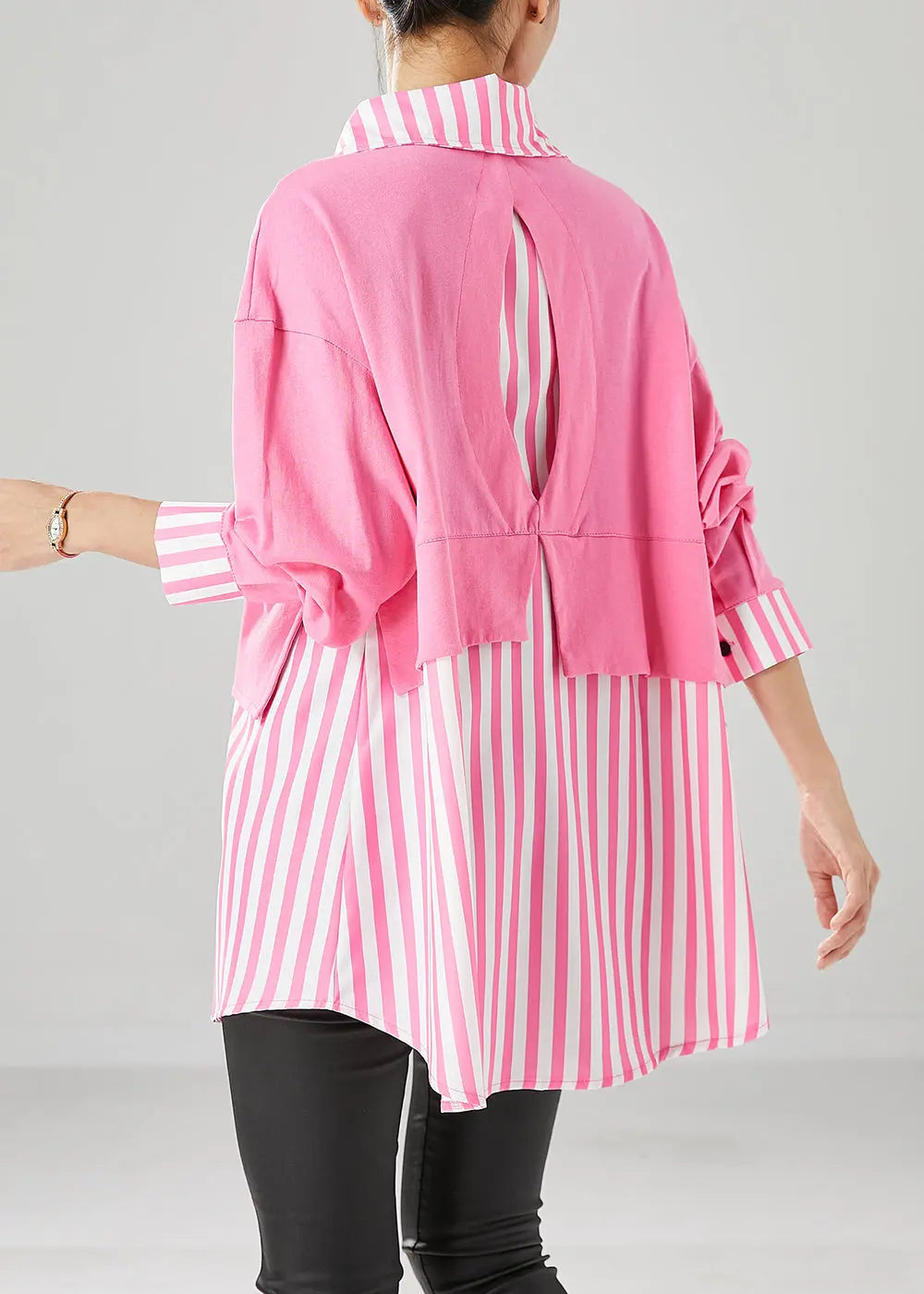 Art Pink Oversized Patchwork Striped Cotton Sweatshirts Top Fall Ada Fashion