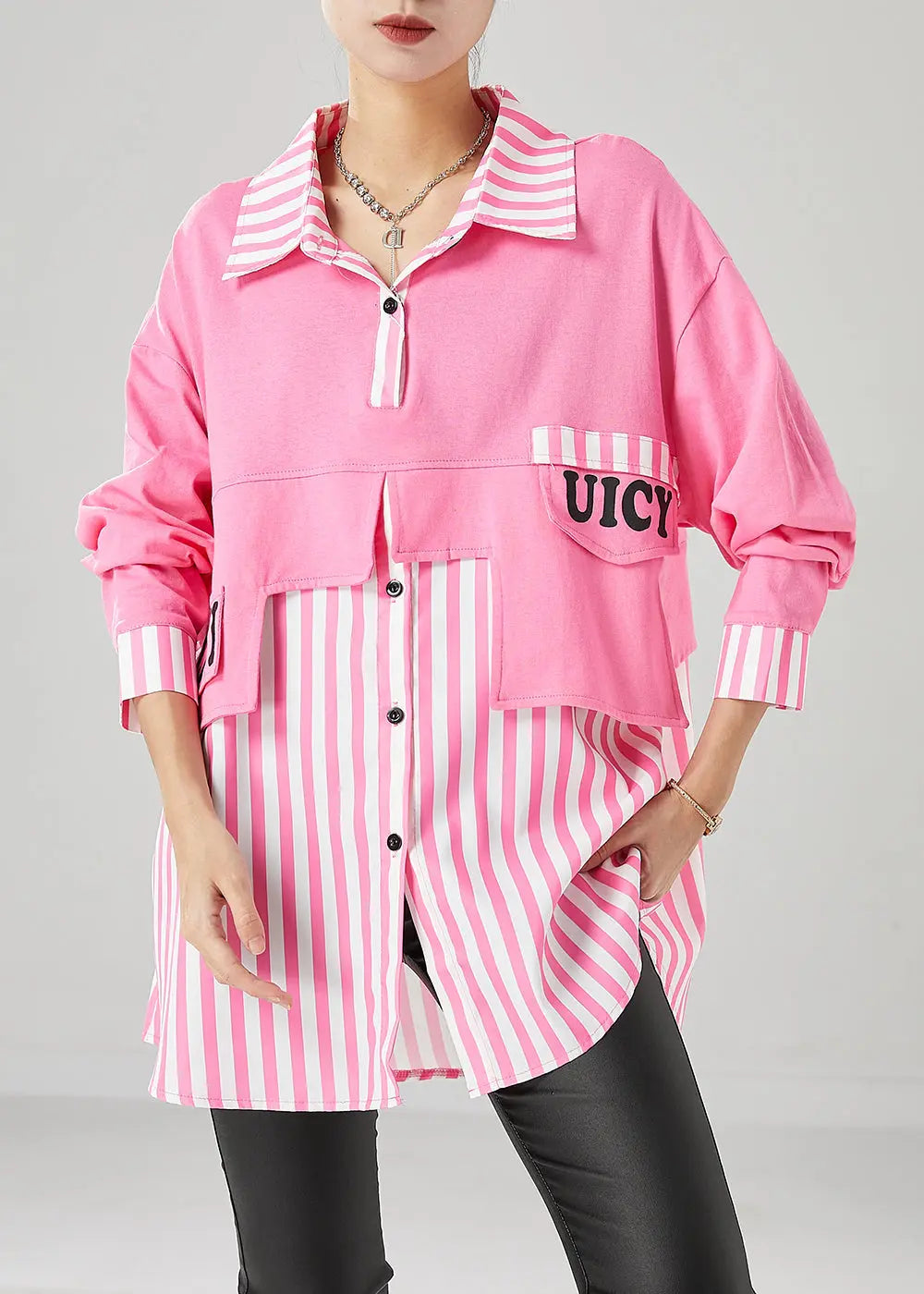 Art Pink Oversized Patchwork Striped Cotton Sweatshirts Top Fall Ada Fashion