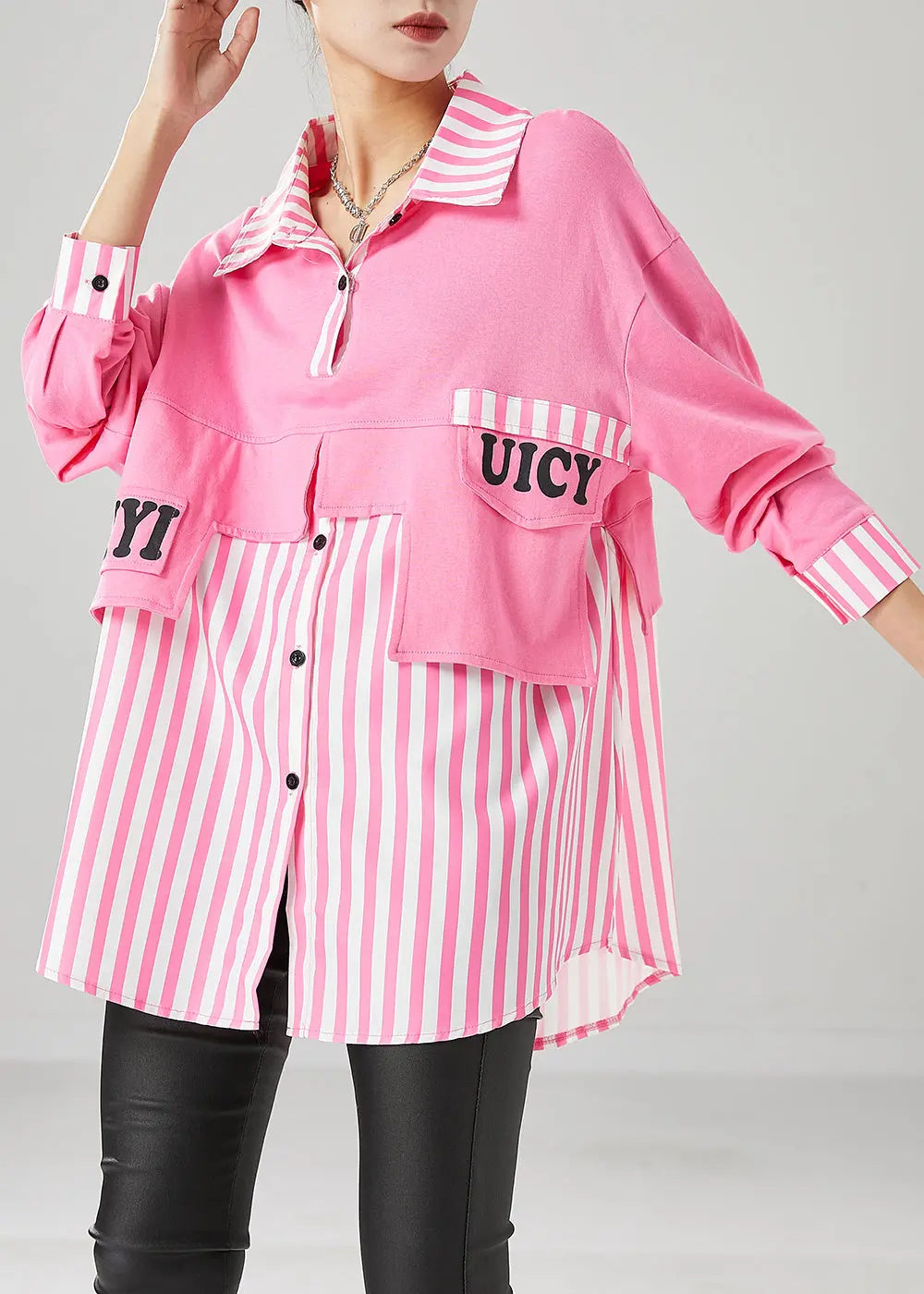 Art Pink Oversized Patchwork Striped Cotton Sweatshirts Top Fall Ada Fashion