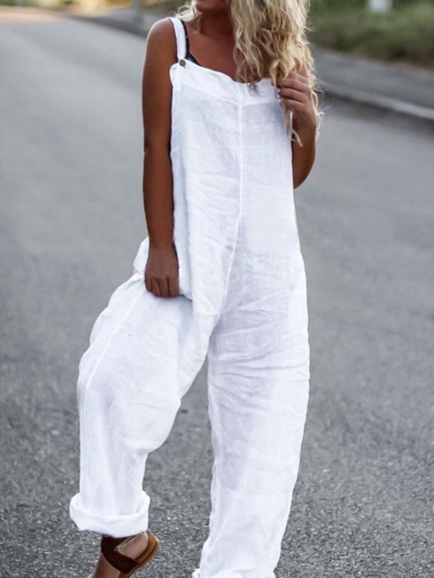 Schlichter Sommer Casual Natural Standard Loose Overall Gerade Hose Jumpsuit & Strampler für Frauen QAJ13