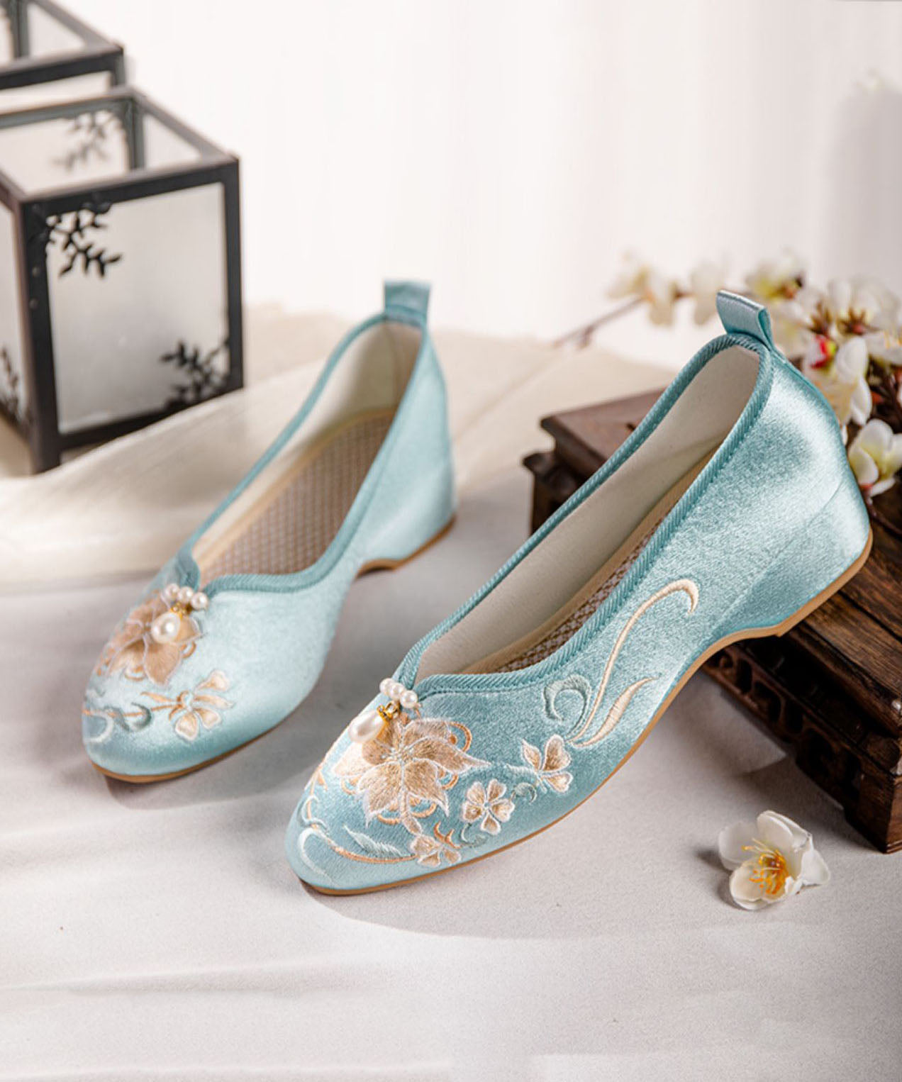 Blue Wedge Heels Satin Boho Splicing Nail Bead Embroidery LY7709 Ada Fashion