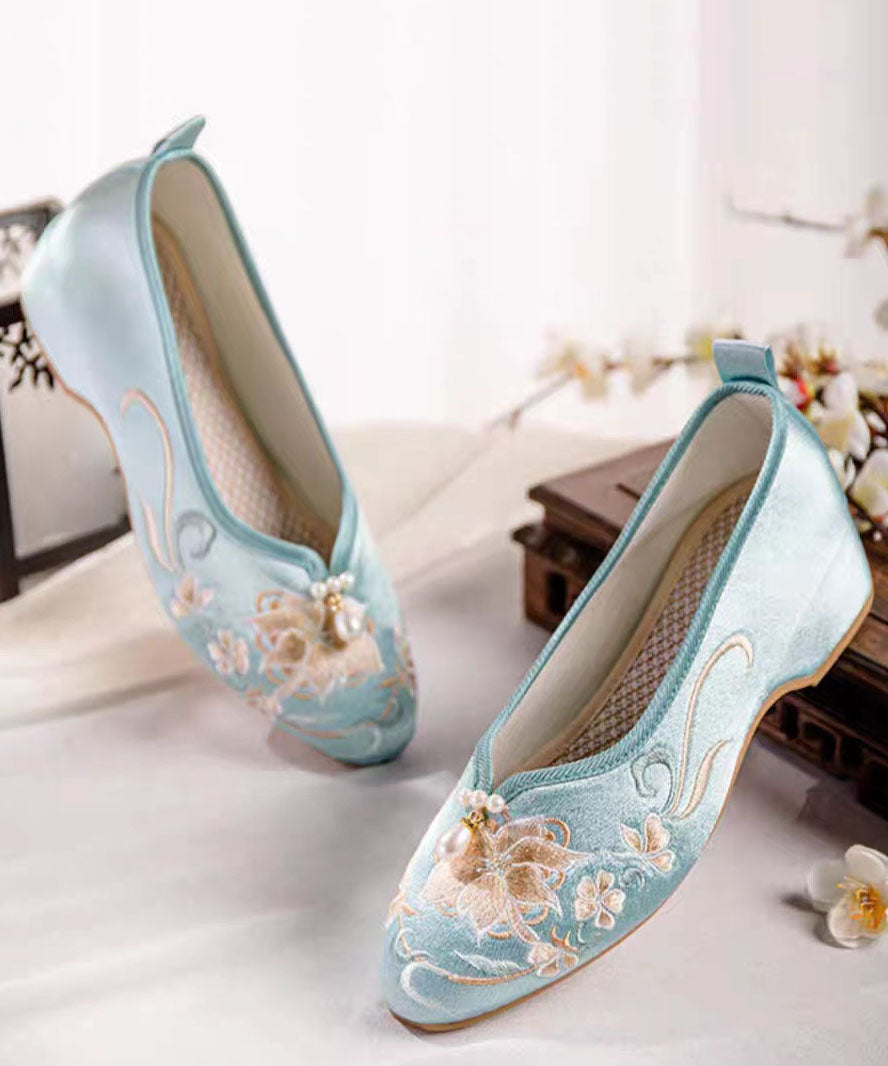 Blue Wedge Heels Satin Boho Splicing Nail Bead Embroidery LY7709 Ada Fashion