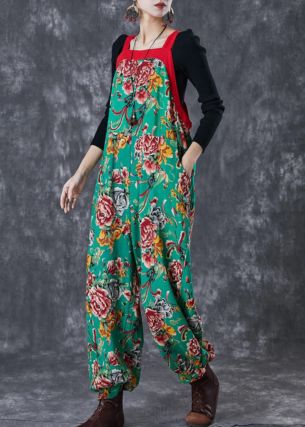 Bohemian Green Oversized Print Cotton Overalls Jumpsuit Fall Ada Fashion