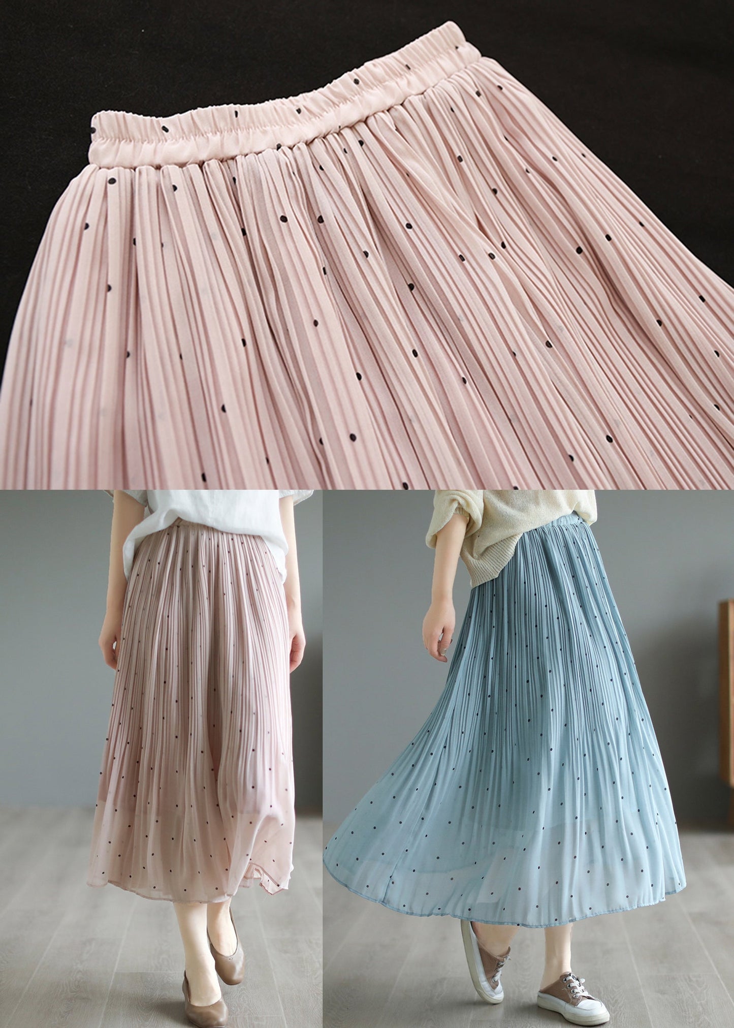 Bohemian Pink Elastic Waist Dot Print Chiffon Skirts Summer Ada Fashion