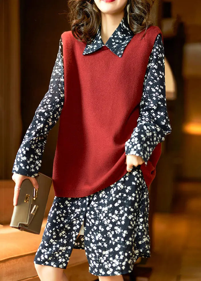 Bohemian Red Knit Vest Shirts Dresses Chiffon Sets 2 Pieces Fall Ada Fashion