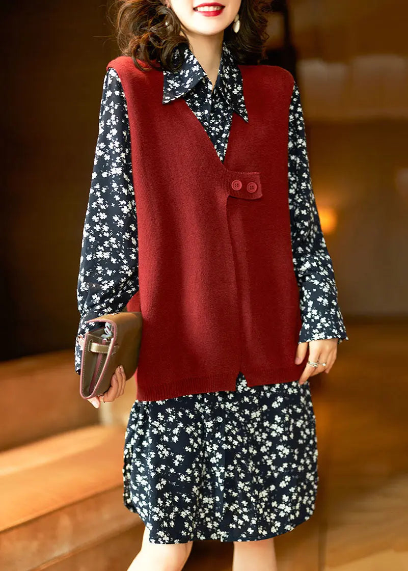 Bohemian Red Knit Vest Shirts Dresses Chiffon Sets 2 Pieces Fall Ada Fashion
