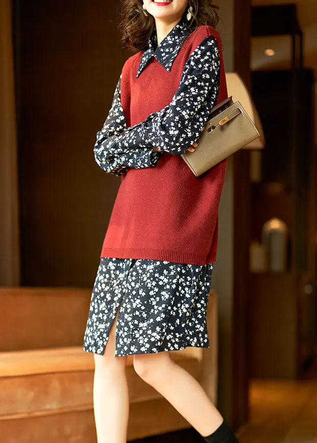Bohemian Red Knit Vest Shirts Dresses Chiffon Sets 2 Pieces Fall Ada Fashion