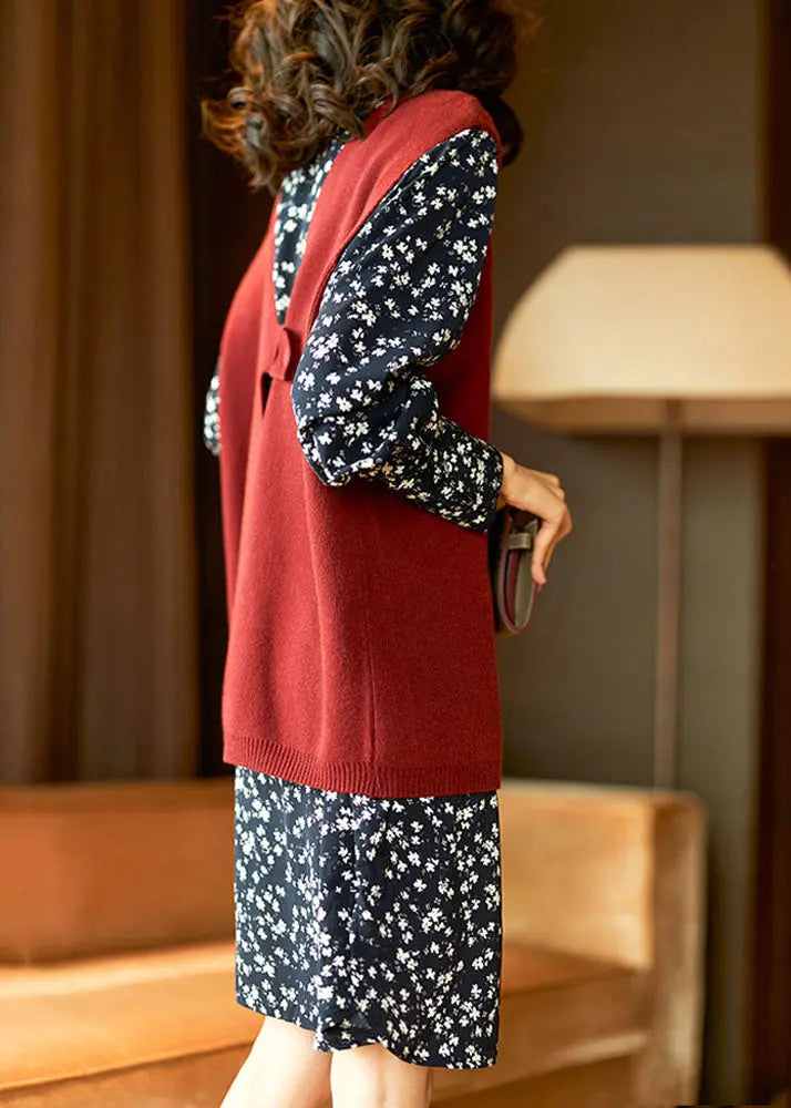 Bohemian Red Knit Vest Shirts Dresses Chiffon Sets 2 Pieces Fall Ada Fashion