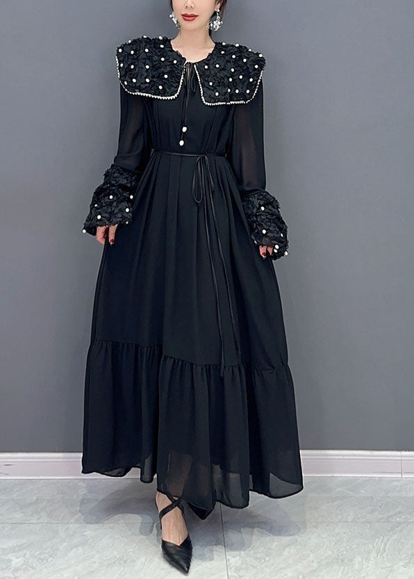 Boho Black Peter Pan Collar Nail Bead Patchwork Long Cotton Dress Spring LC0346