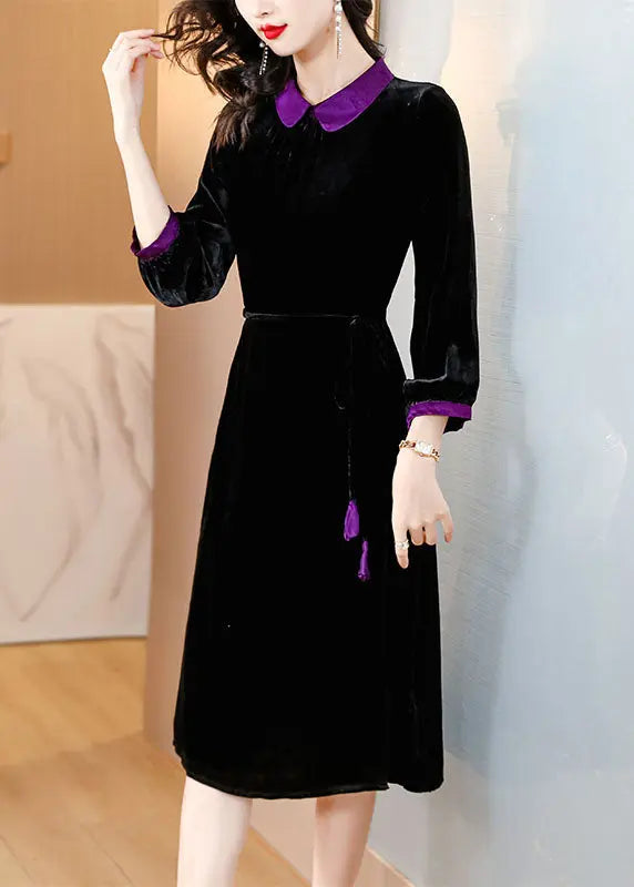 Boho Black Peter Pan Collar Patchwork Silk Velour Maxi Dresses Long Sleeve Ada Fashion