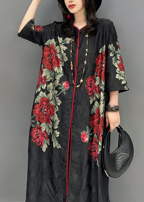 Boutique Black V Neck Print Button Patchwork Silk Long Dress Summer Ada Fashion