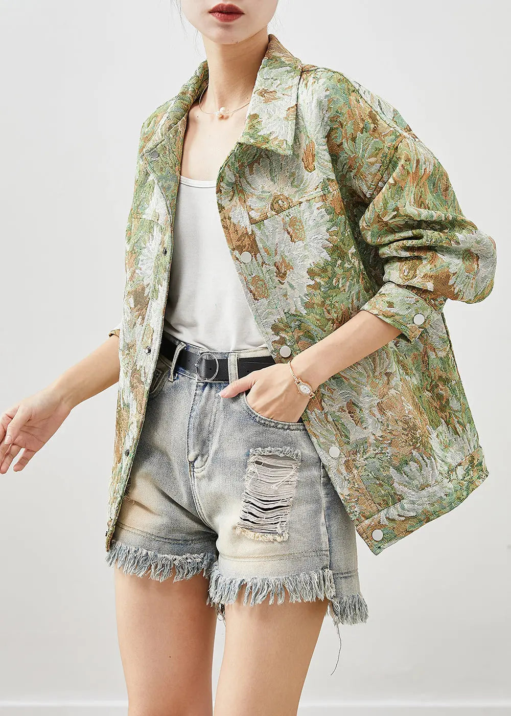 Boutique Green Oversized Floral Painting Denim Coat Fall Ada Fashion
