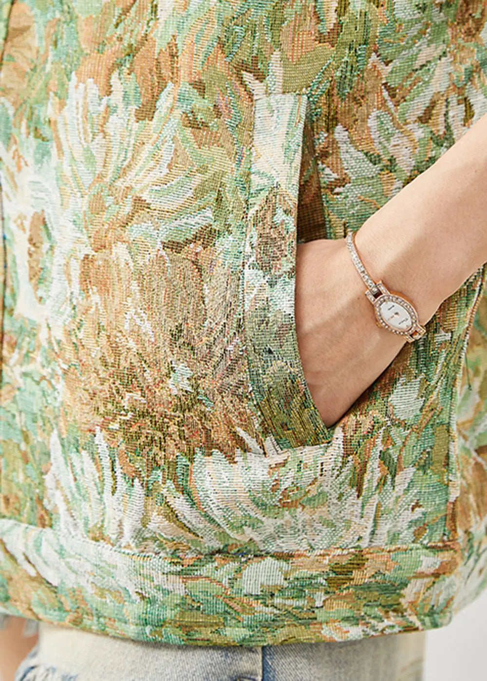 Boutique Green Oversized Floral Painting Denim Coat Fall Ada Fashion