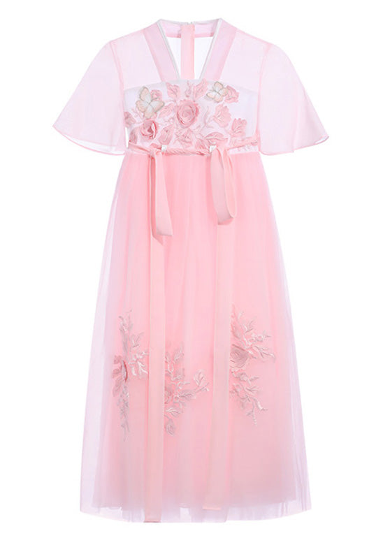Robe longue en tulle à manches courtes et col en V pour fille, rose, boutique