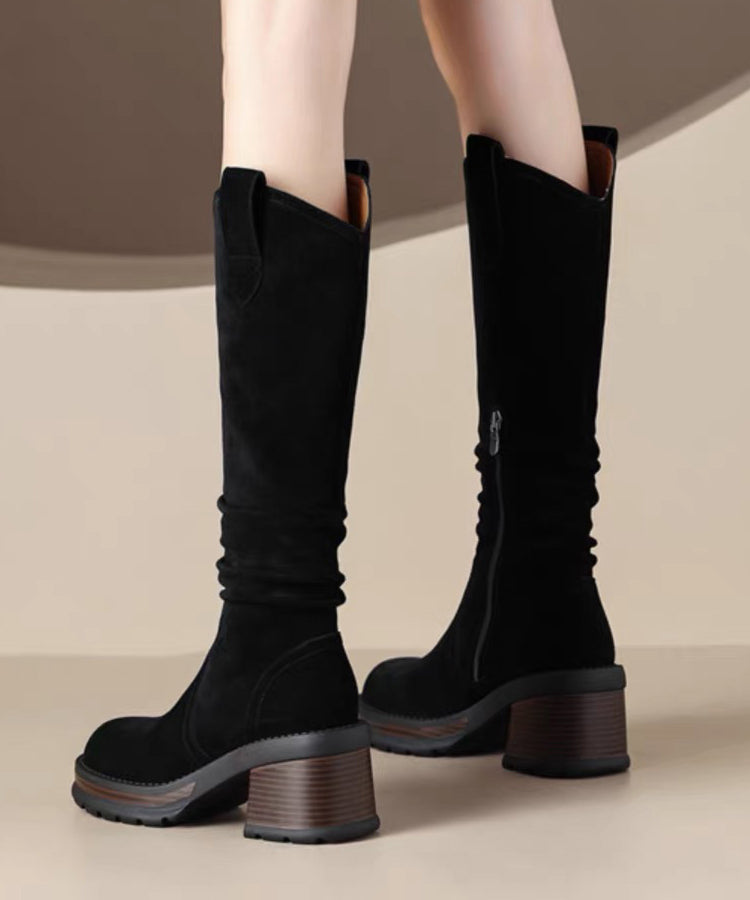 Splicing Wrinkled Chunky Suede Long Boots