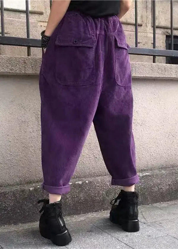 Casual Versatile Black Pockets Elastic Waist Corduroy Pants Fall Ada Fashion