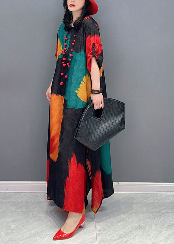 Chic Colorblock O Neck Print Patchwork Cotton Maxi Dress Spring AH495