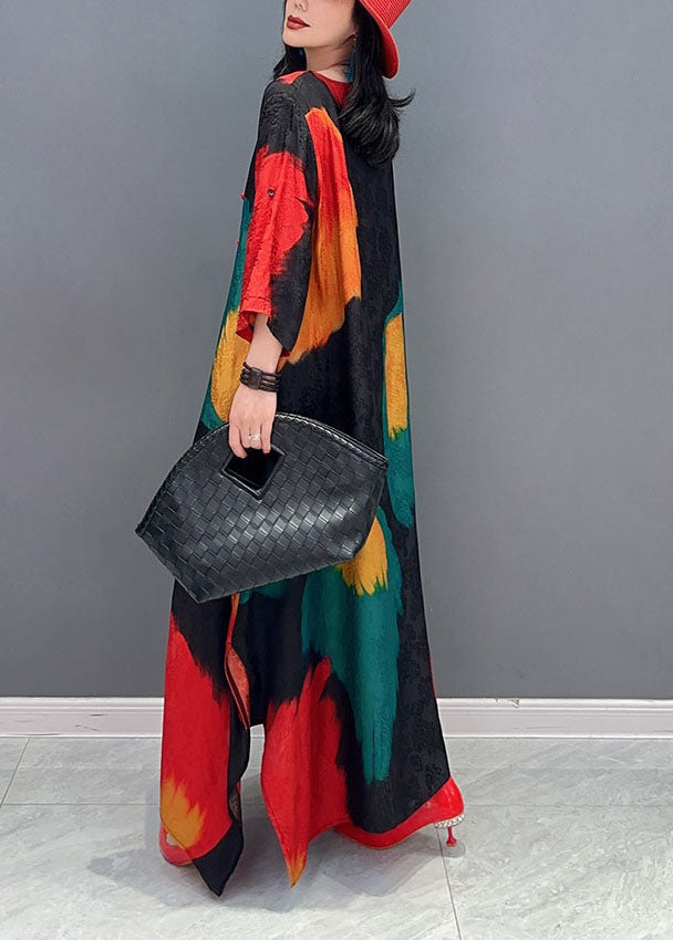 Chic Colorblock O Neck Print Patchwork Cotton Maxi Dress Spring AH495