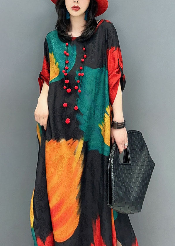 Chic Colorblock O Neck Print Patchwork Cotton Maxi Dress Spring AH495