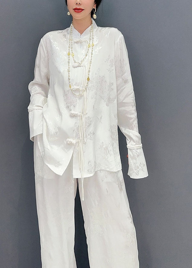 Chinesischen Stil Weiß Stehkragen Tasseled Jacquard Patchwork Seide Zwei Stück Set Frühling