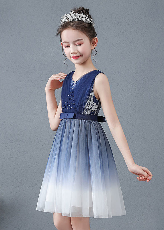 Robe longue d'été en tulle à dégradé de couleurs pour bébé fille avec col en V et perles