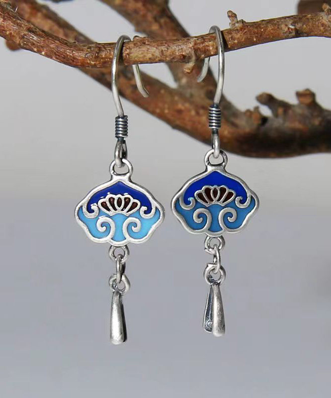 DIY Vintage Blue Floral Patchwork Silver Drop Earrings Ada Fashion