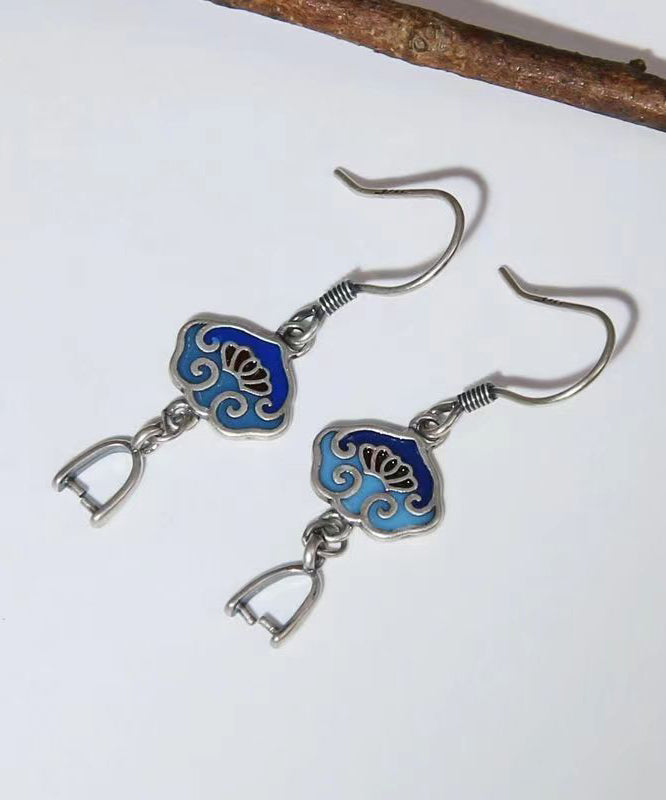 DIY Vintage Blue Floral Patchwork Silver Drop Earrings Ada Fashion