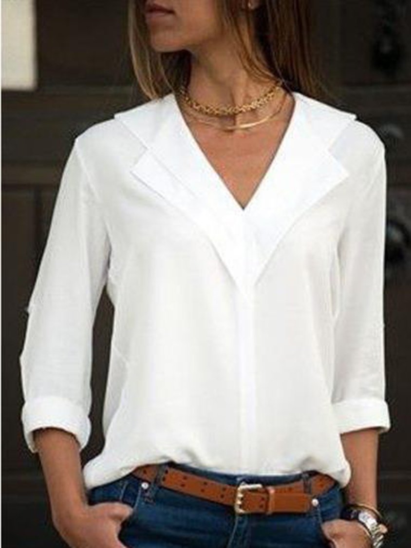 Women V-Neck Solid Color Long Sleeve Blouse CZ19