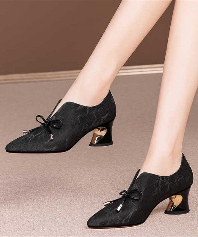 Splicing Pointed Toe Chunky Black Cowhide Leather