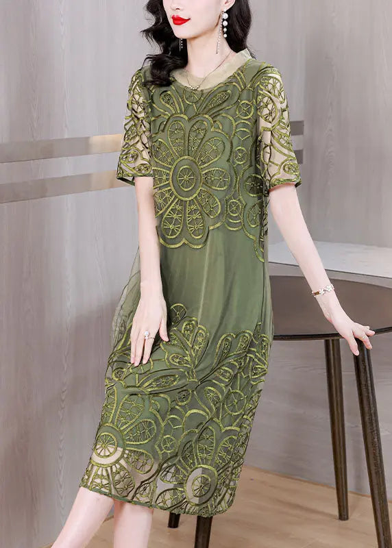 Elegant Green Embroidered Ruffled Tulle Long Dresses Short Sleeve Ada Fashion