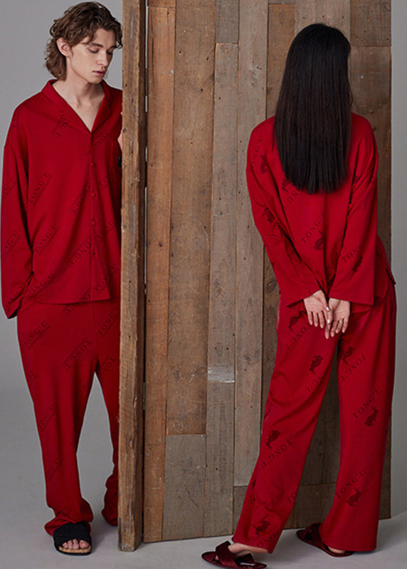 Fine Red Peter Pan Collar Print Button Cotton Couple Pajamas Two Pieces Set Spring LY2751