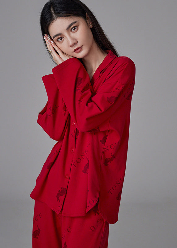 Fine Red Peter Pan Collar Print Button Cotton Couple Pajamas Two Pieces Set Spring LY2751