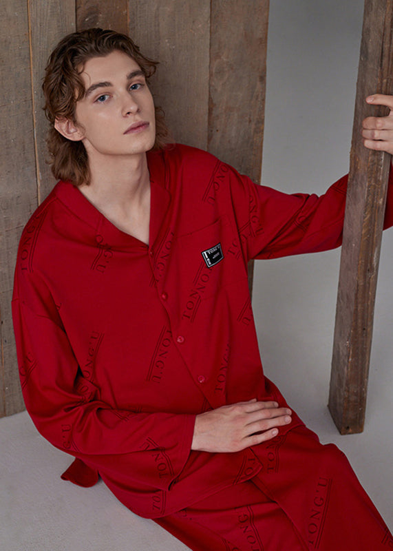 Fine Red Peter Pan Collar Print Button Cotton Couple Pajamas Two Pieces Set Spring LY2751