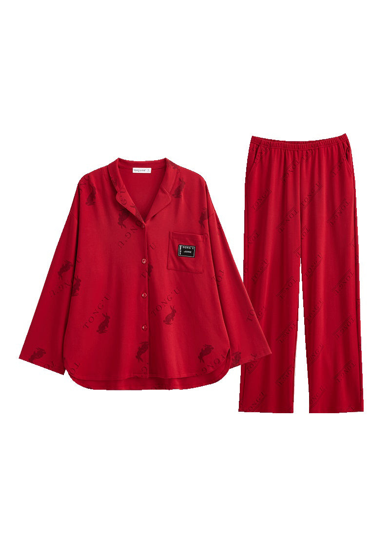 Fine Red Peter Pan Collar Print Button Cotton Couple Pajamas Two Pieces Set Spring LY2751