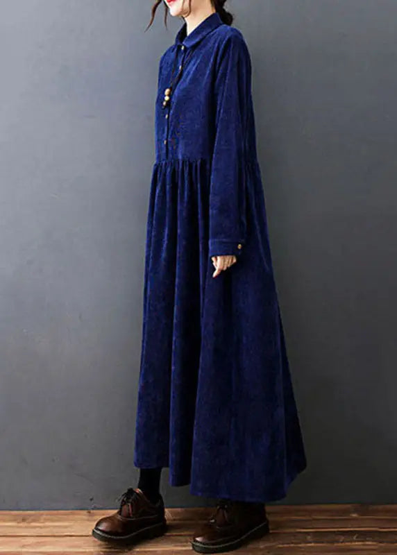 Fitted Navy Blue Peter Pan Collar Patchwork Corduroy Maxi Dresses Fall Ada Fashion