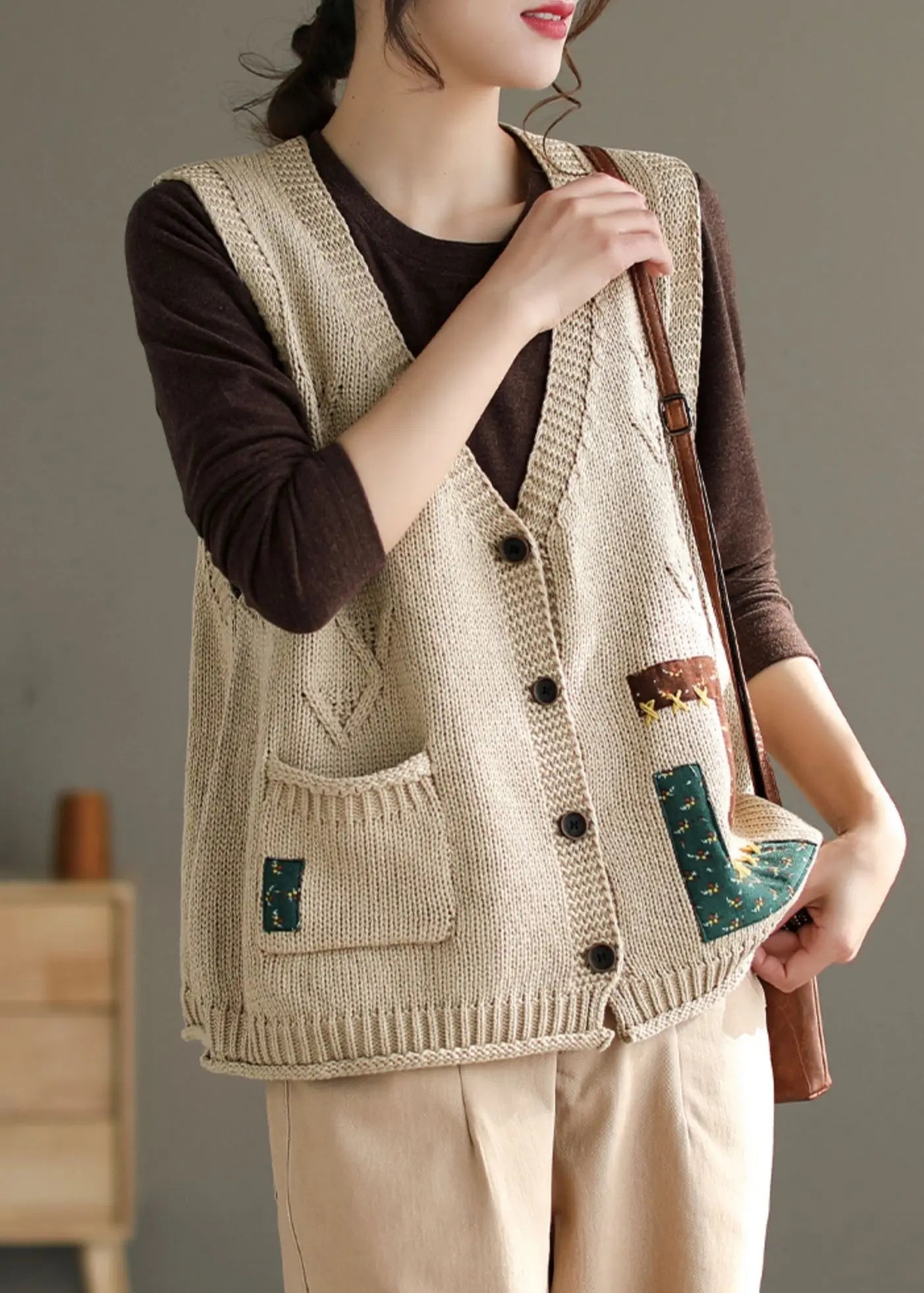 French Beige V Neck Button Pockets Cotton Knit Waistcoat Sleeveless Ada Fashion