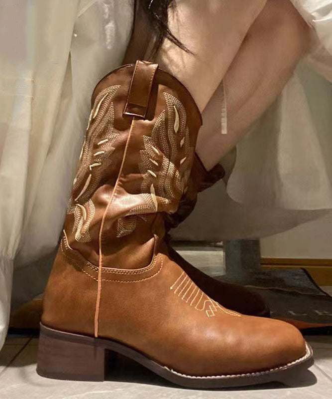 Leather Boots Unique Splicing Brown