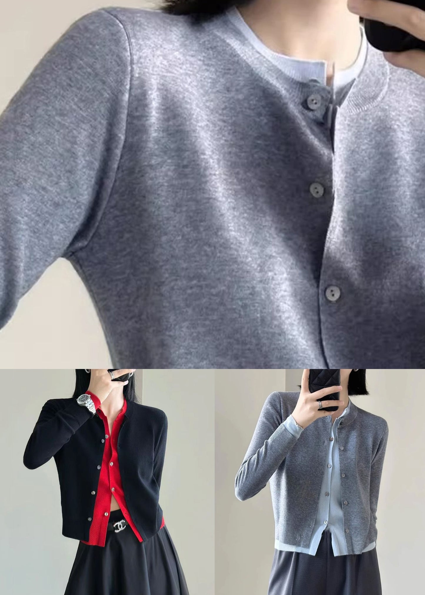 Grey Cozy Patchwork Knit Top O Neck