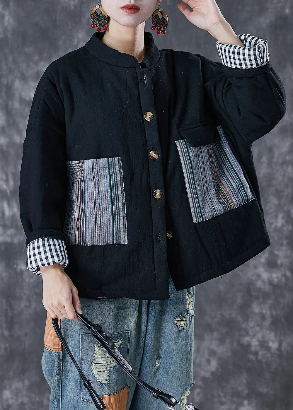 Italian Black Oversized Patchwork Fine Cotton Filled Puffer Jacket Winter Ada Fashion