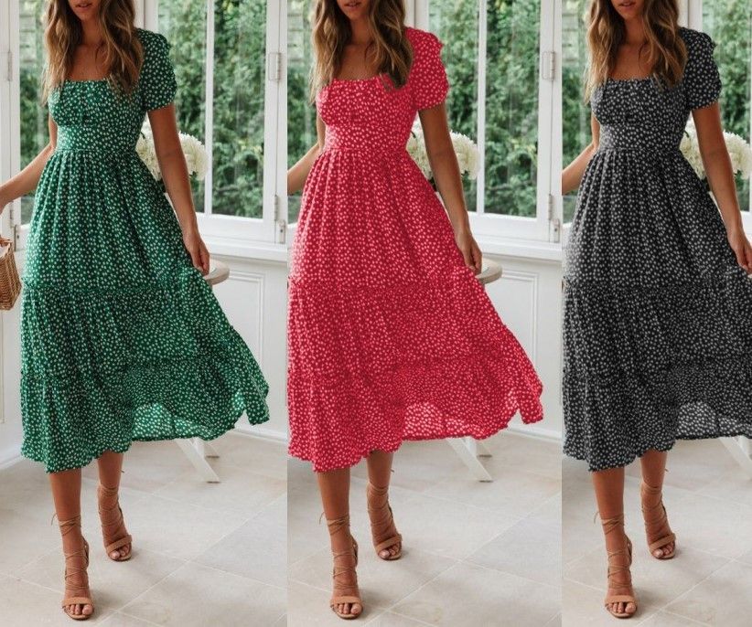 Kurzärmliges Midi-Hängerkleid in A-Linie mit Blumenmuster, eckigem Ausschnitt und YS1003